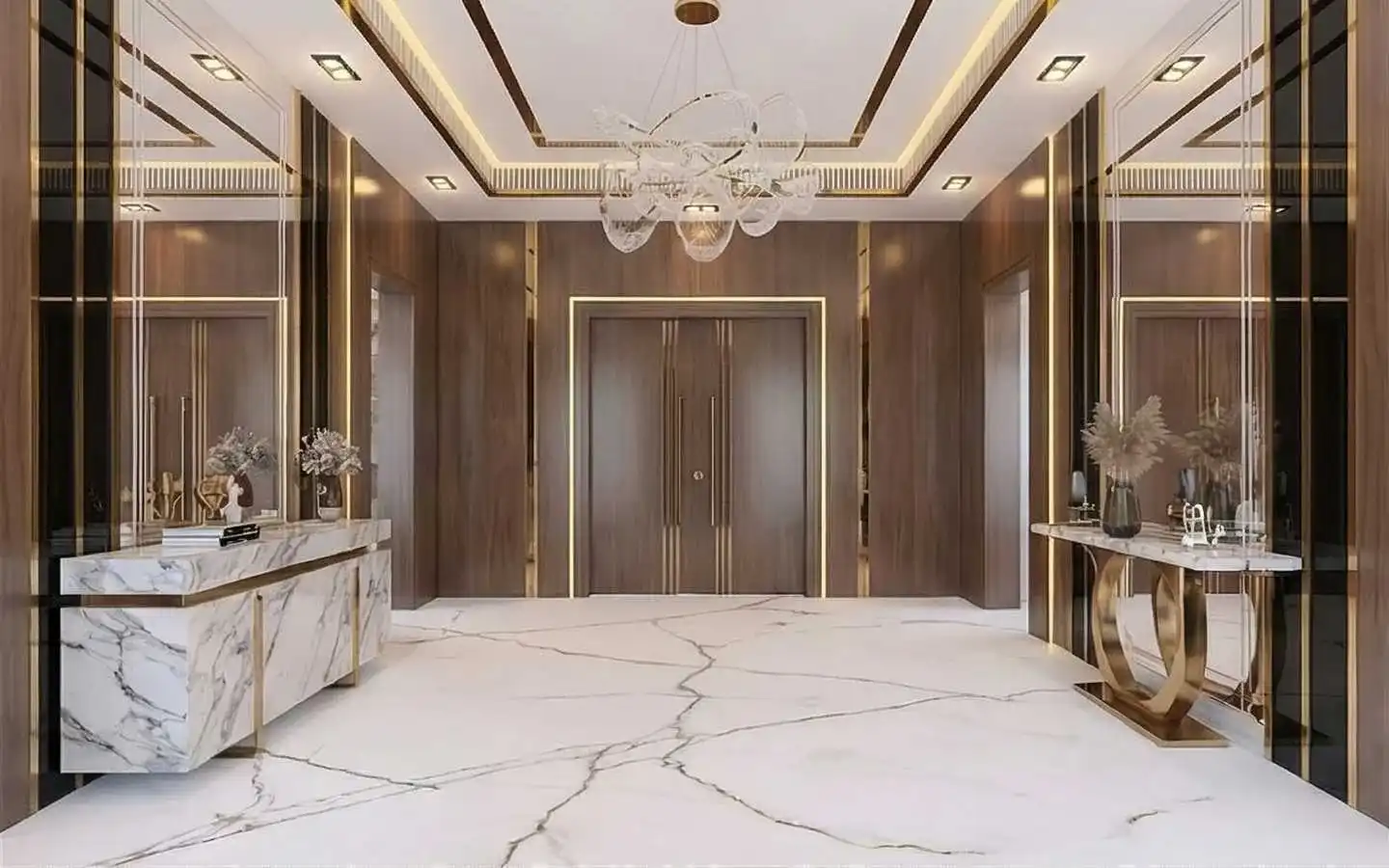 Luxury home entrance lobby design in Delhi featuring white marble flooring, wood-paneled walls with gold accents, and a modern glass chandelier