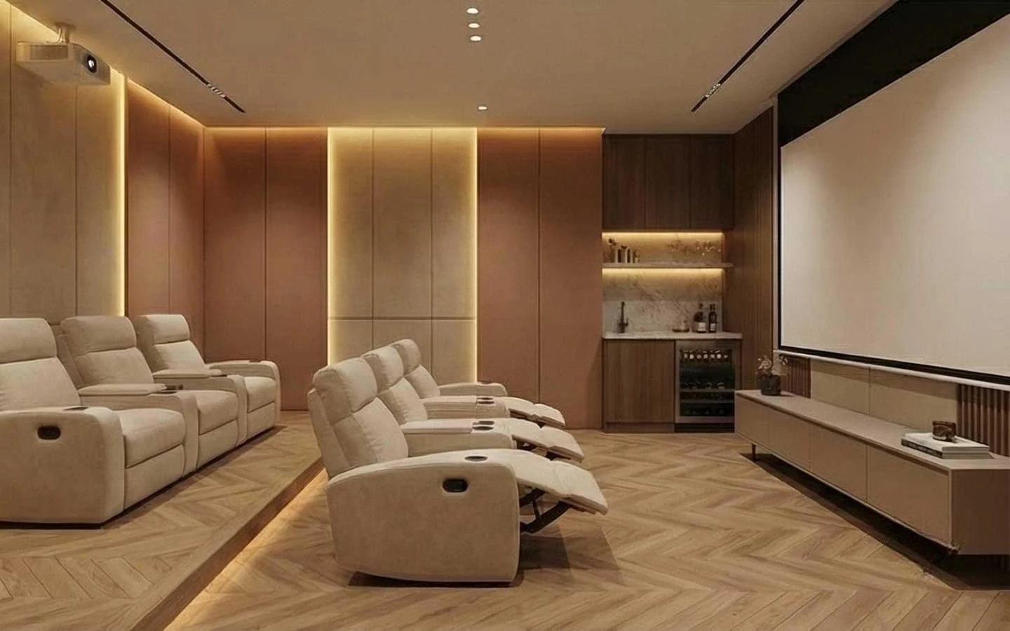Modern home theater with reclining seats, large projection screen, ambient lighting, built-in bar area, and herringbone wood flooring