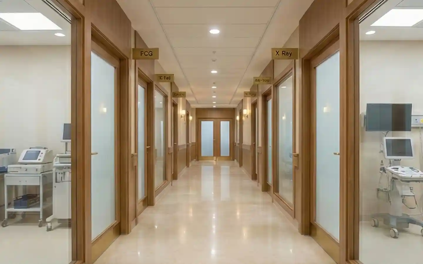 Luxury hospital corridor featuring wooden door frames, glass partitions for X-ray and ECG rooms, and bright recessed LED lighting