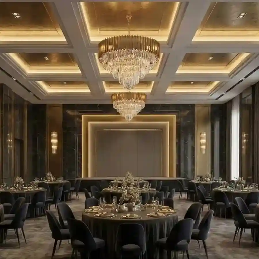 Grand luxury hotel ballroom featuring gold coffered ceilings, large crystal chandeliers, and elegant banquet seating for corporate events or weddings