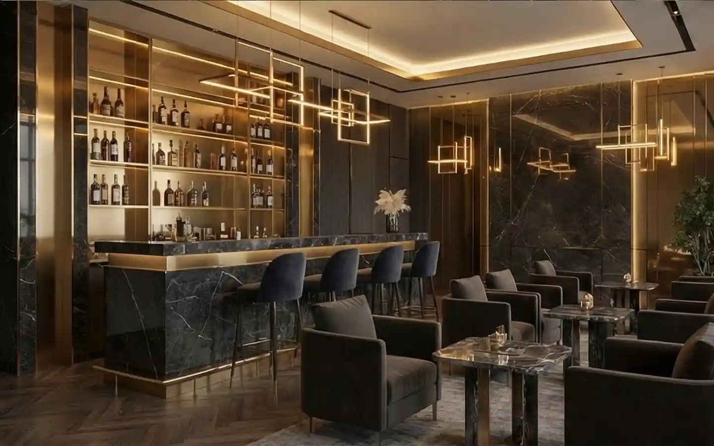 Elegant hotel bar lounge design featuring a black marble counter, gold shelving, velvet bar stools, and modern geometric pendant lighting