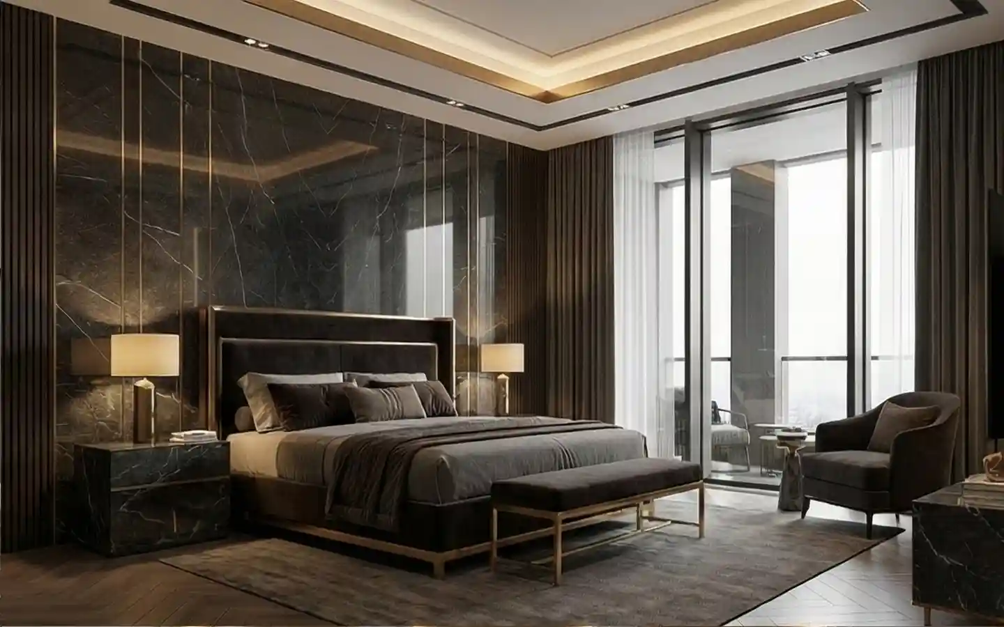 Luxury hotel suite bedroom featuring a black marble accent wall with gold detailing, designer lighting, and floor-to-ceiling windows