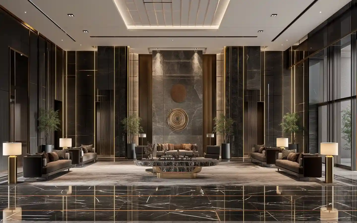 Luxury hotel lobby interior featuring dark marble walls with gold recessed lighting, elegant seating area, and polished stone flooring