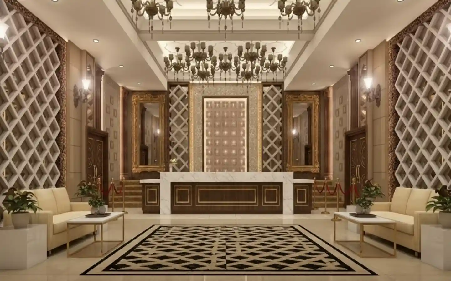 Elegant hotel lobby reception area featuring a marble-top counter, ornate gold-framed mirrors, classical chandeliers, and diamond-patterned wall accents.