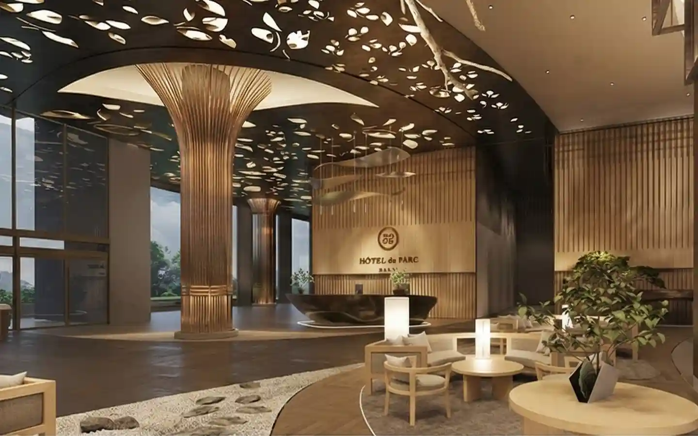 Luxury hotel reception at Hotel du Parc featuring a biophilic interior design with leaf-patterned ceiling cutouts, a fluted gold column, and Zen-inspired lounge seating