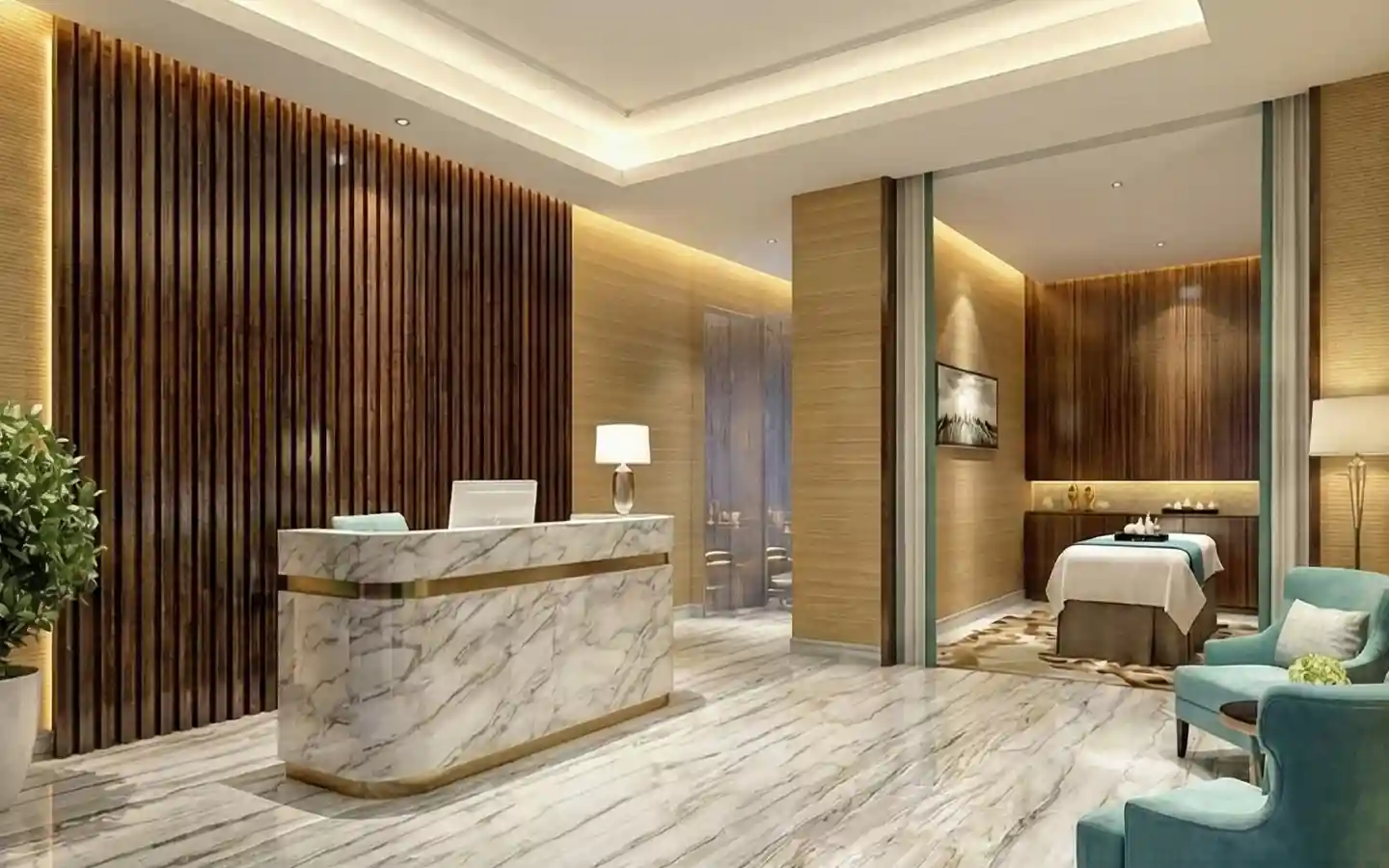 Upscale hotel spa reception area featuring a white marble desk, vertical wood slat wall, and a view into a private massage treatment room