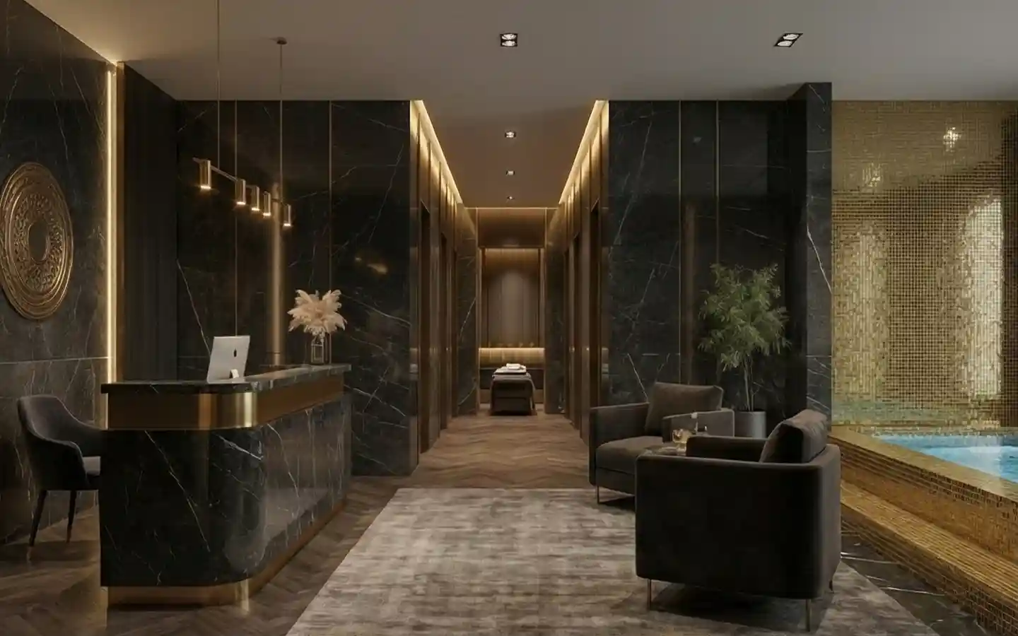 Modern hotel spa reception area with black marble walls, a gold-accented front desk, and a view of a luxury indoor pool with gold mosaic tiles