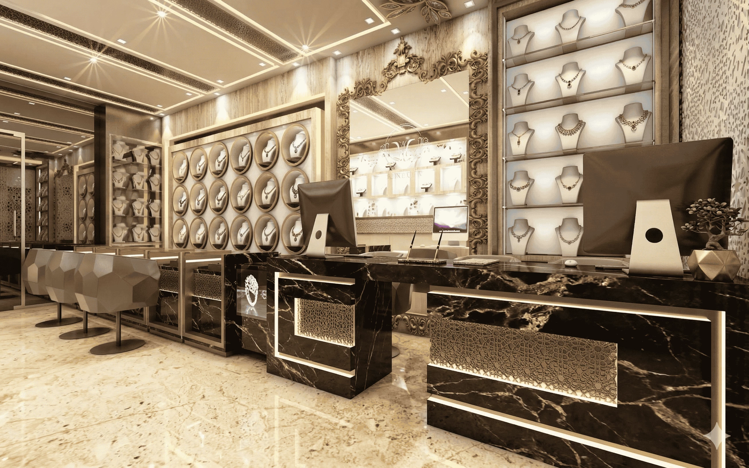 Luxury jewelry showroom interior featuring a black marble reception desk with gold geometric patterns, illuminated necklace display walls, and an ornate gold-framed mirror