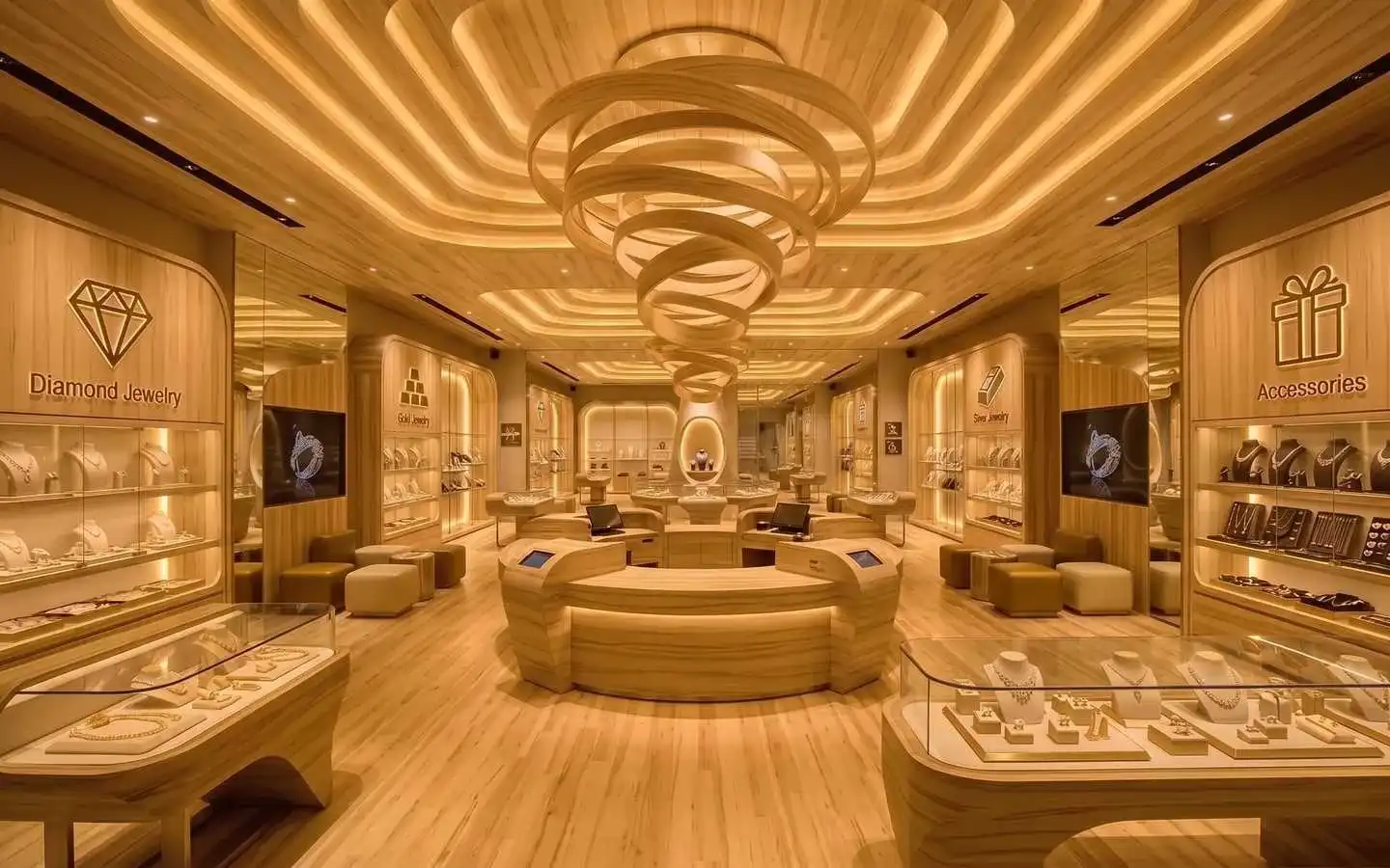Luxury jewelry showroom interior featuring a warm wood theme, circular spiral chandelier, and illuminated glass display cases for diamond and gold jewelry