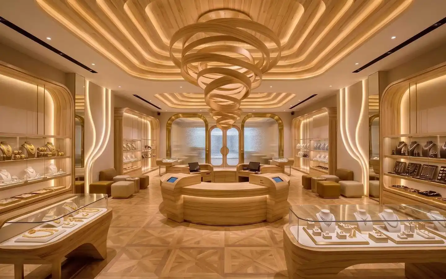 High-end jewelry showroom interior featuring a custom spiral wooden chandelier, recessed cove lighting, and curved display cases for luxury accessories