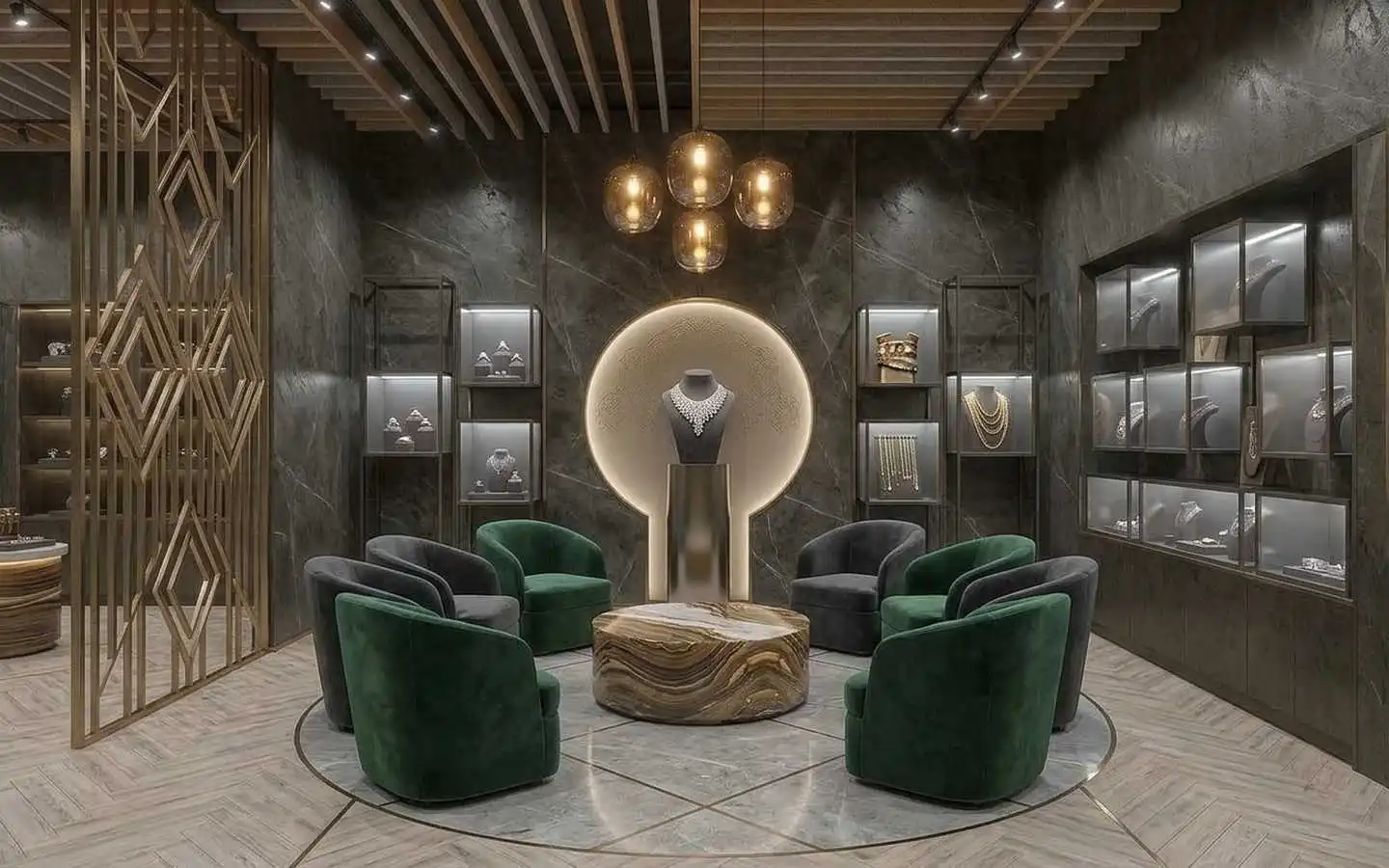 Luxury jewelry showroom lounge featuring dark marble walls, velvet green and grey armchairs, a marble coffee table, and a geometric gold partition