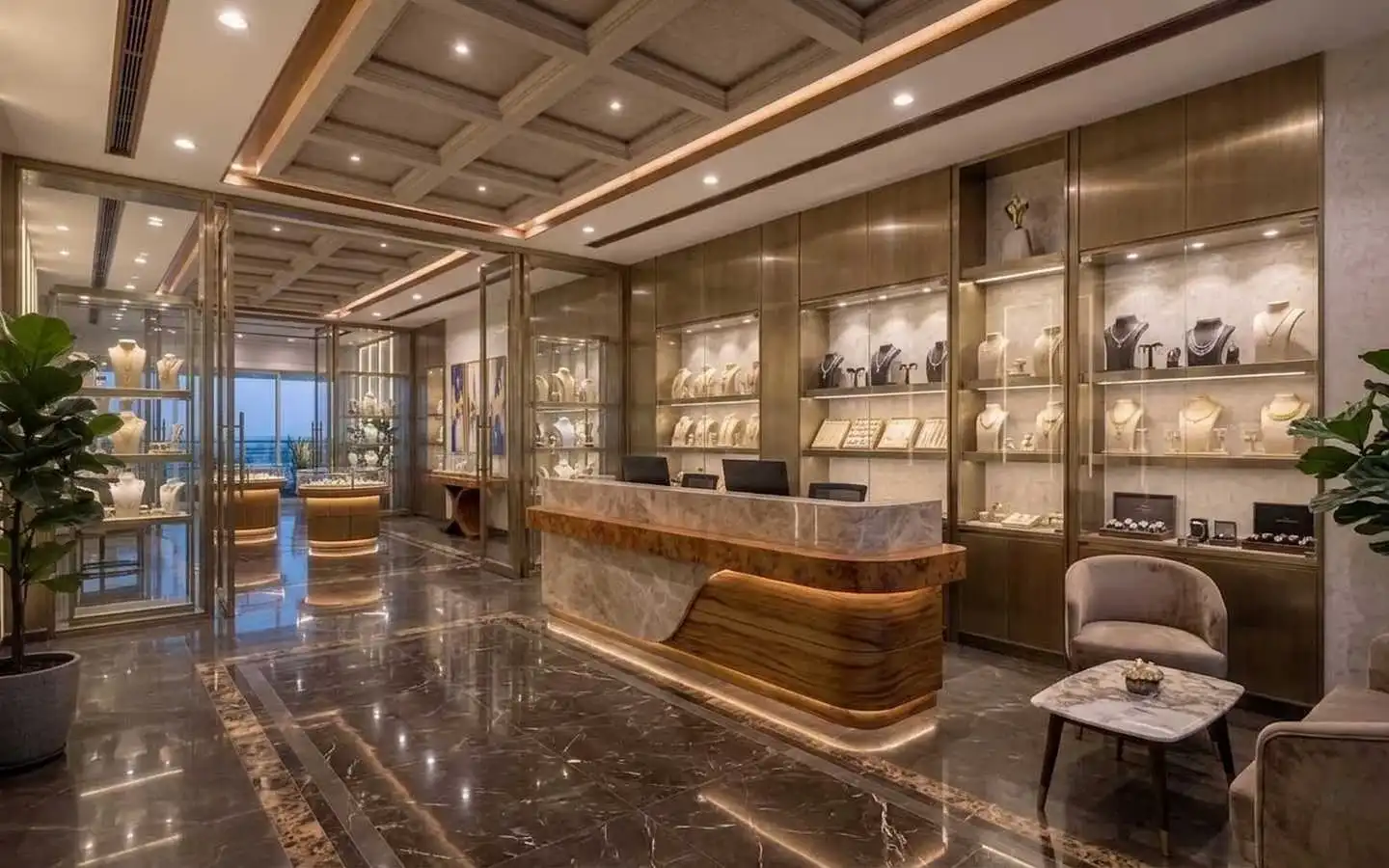 Luxury jewelry store interior featuring a marble and wood reception desk, coffered ceiling, polished dark marble flooring, and illuminated gold-trimmed jewelry display cases
