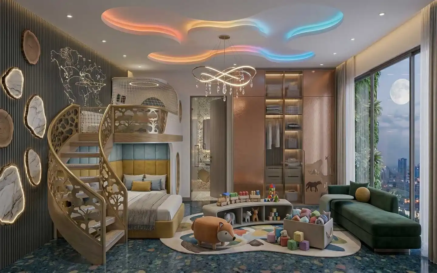 Luxurious kids' bedroom featuring a decorative spiral staircase bunk bed, ambient ceiling lighting, and modern play area by interior designers in Delhi NCR