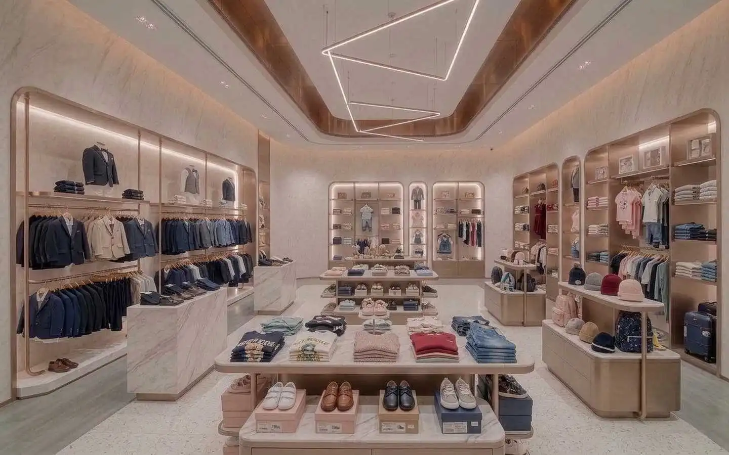 Modern luxury kids' boutique interior design featuring gold-accented garment racks, marble display islands, and custom geometric LED ceiling lighting