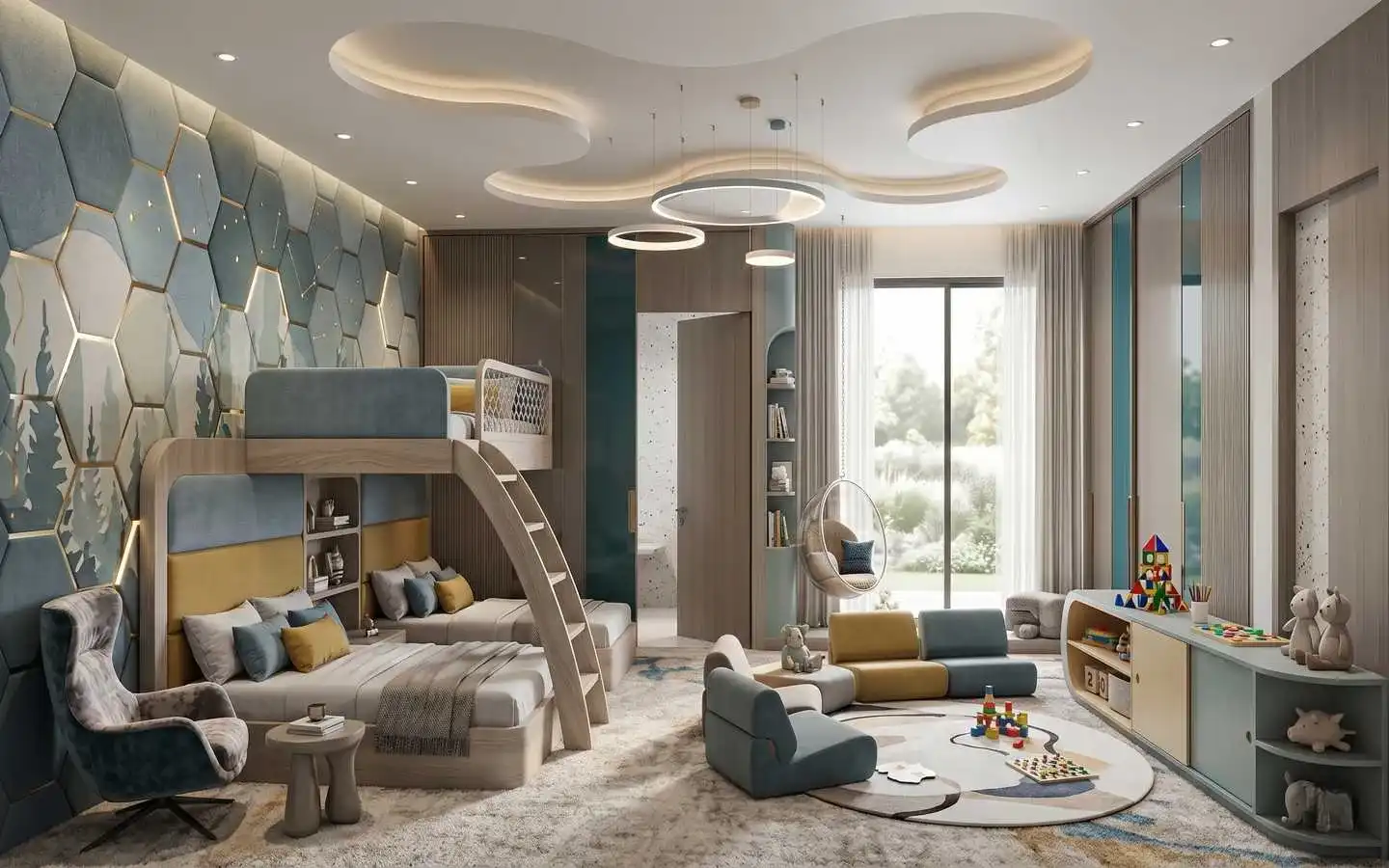 Contemporary luxury kids' bedroom with bunk beds, hexagon wall paneling, and modern play area by interior decorators in Delhi NCR
