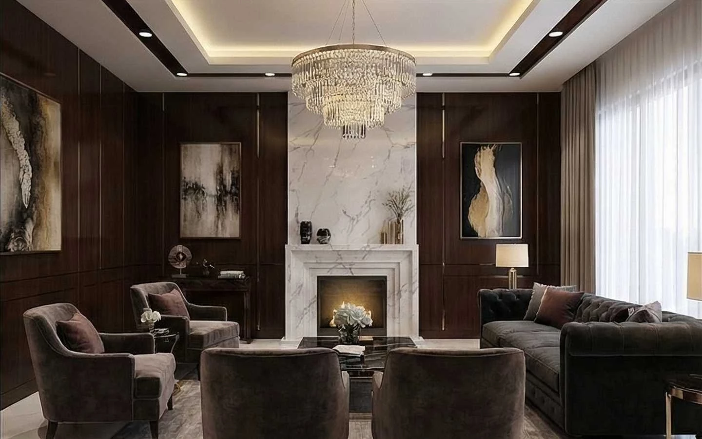 Moody luxury living room featuring dark wood wall paneling, a floor-to-ceiling white marble fireplace, a grand tiered crystal chandelier, and charcoal velvet seating