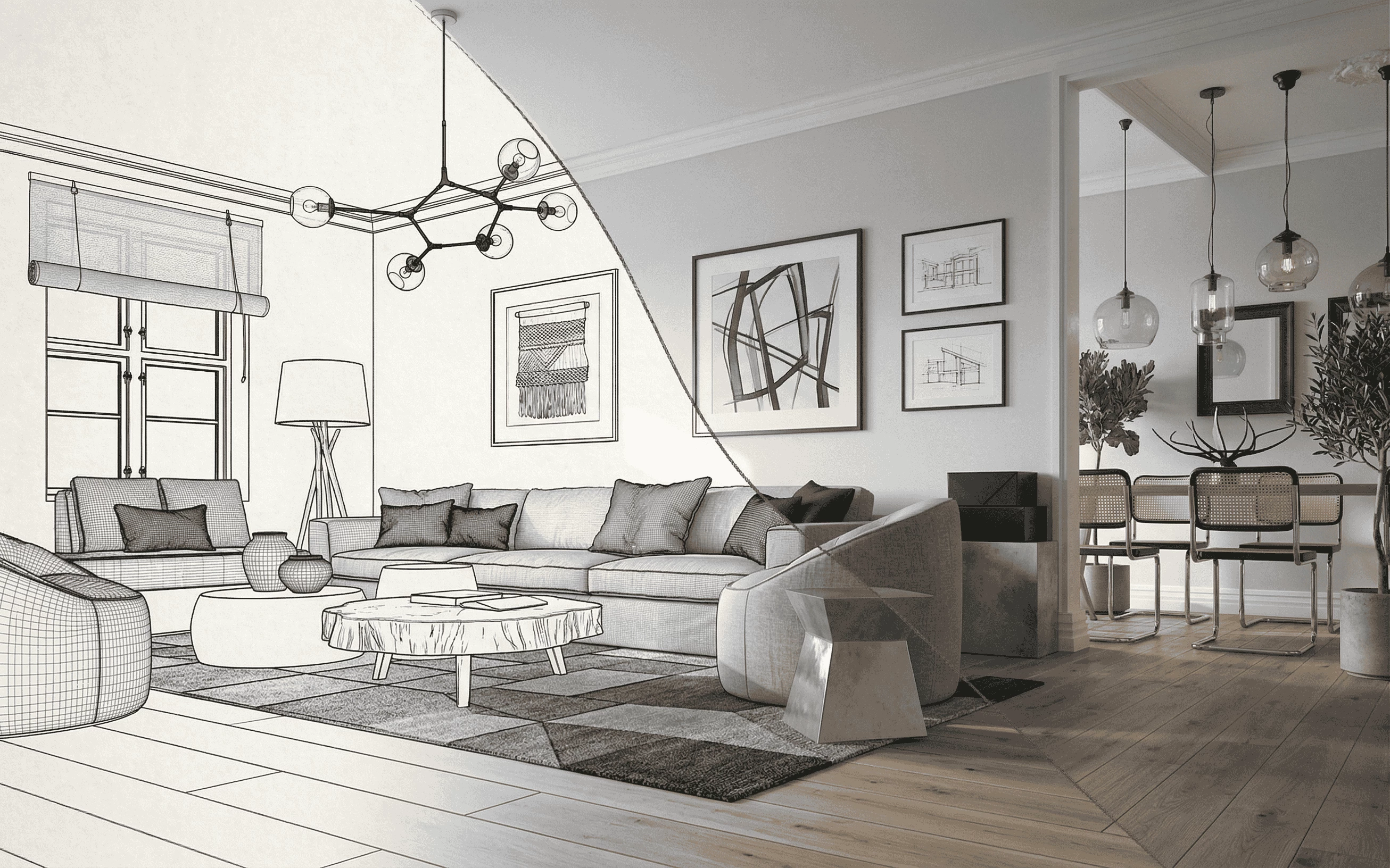 A sophisticated living room interior design visualization showing a split-screen transition from a detailed architectural wireframe sketch to a finished luxury space with a modern sectional sofa and live-edge coffee table