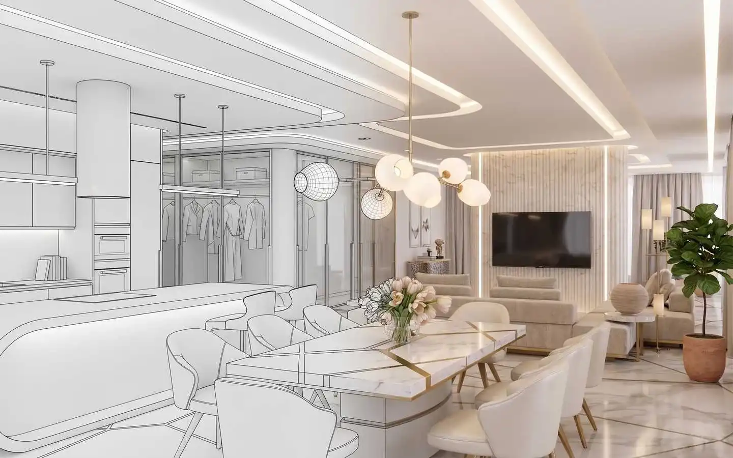 Modern luxury open-plan living and dining room concept by professional interior designers in Delhi