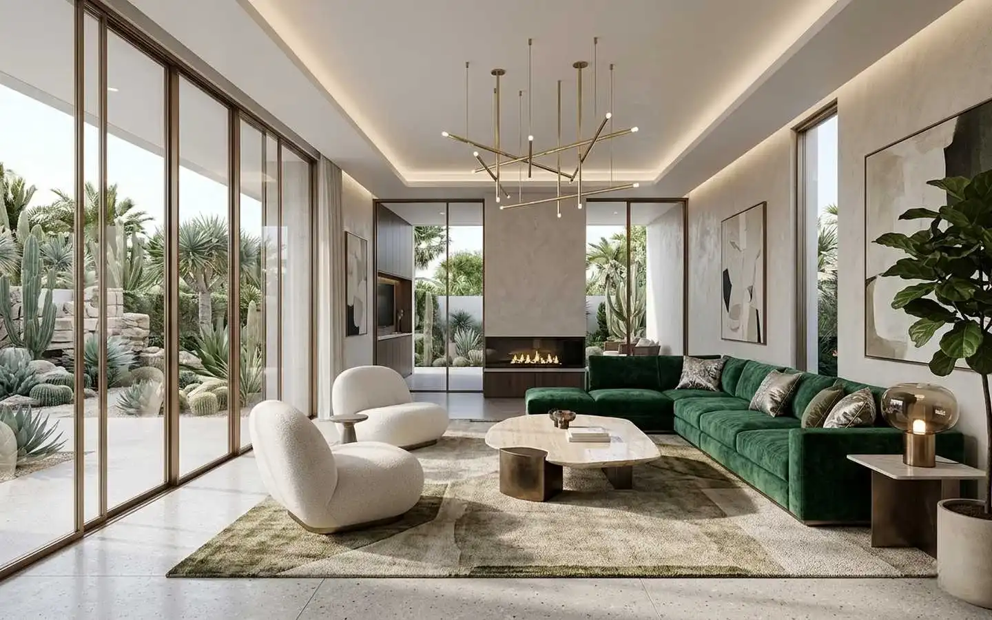 Modern luxury living room featuring a large emerald green velvet sectional sofa, white bouclé swivel chairs, and a contemporary gold chandelier with views of a desert garden