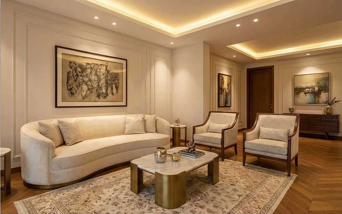 Luxury living room interior design featuring a curved cream sofa, marble-top coffee table with gold legs, chevron wood flooring, and elegant tray ceiling lighting