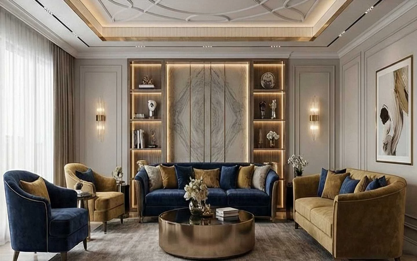 Modern luxury living room featuring a navy blue velvet sofa, gold armchairs, a marble accent wall with integrated lighting, and a circular gold coffee table