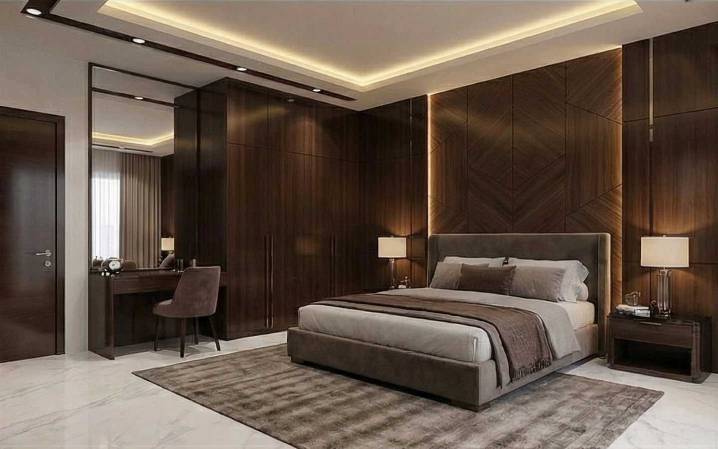 Luxury master bedroom featuring custom dark wood floor-to-ceiling wardrobes, a geometric patterned wood accent wall with integrated LED lighting, and a built-in vanity desk