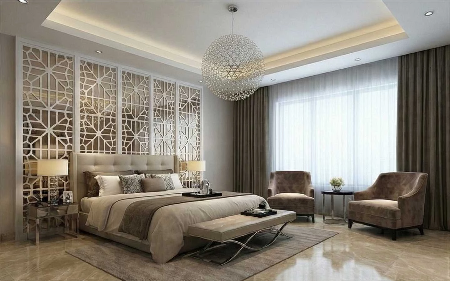 Master bedroom with a decorative white CNC latticework accent wall, tufted headboard, large crystal globe pendant, and a cozy seating area by the window