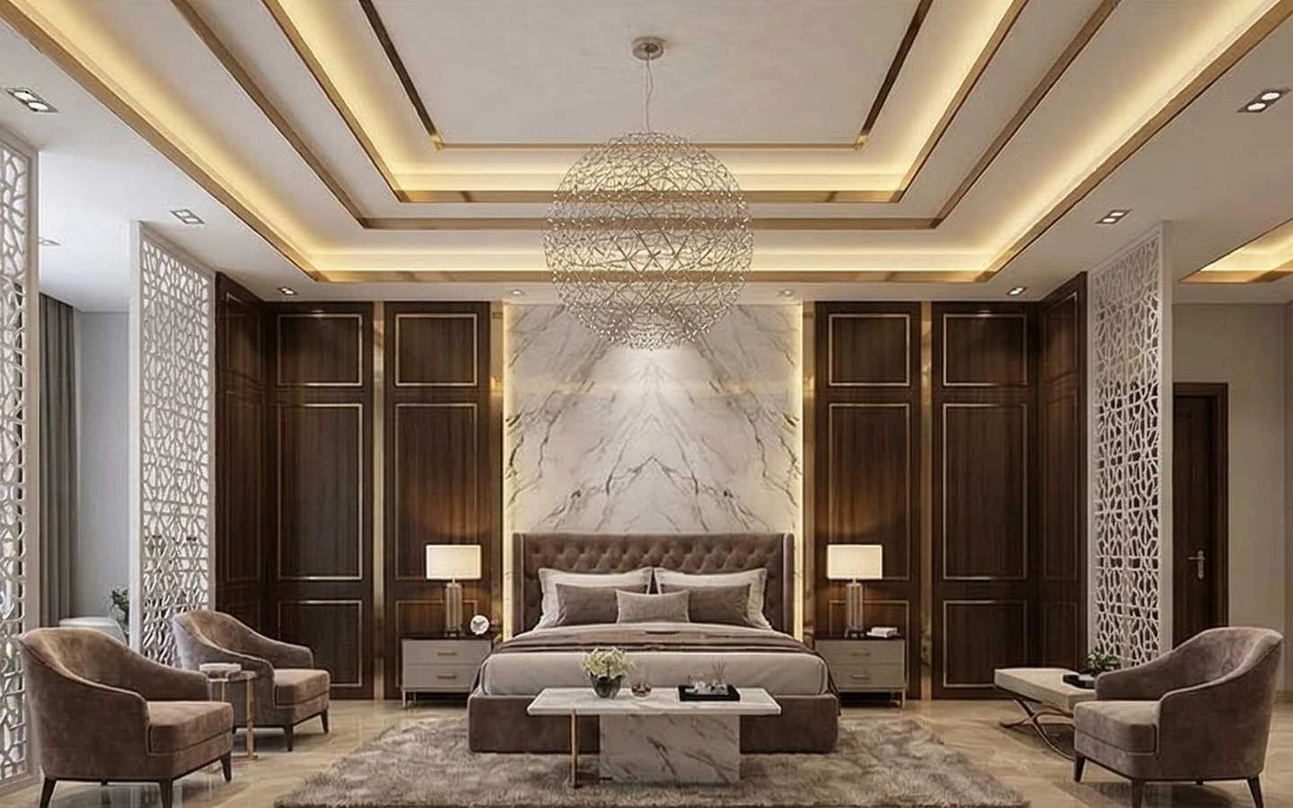Luxury master bedroom featuring a marble and dark wood accent wall, tufted headboard, elegant tray ceiling with cove lighting, and a modern globe pendant light