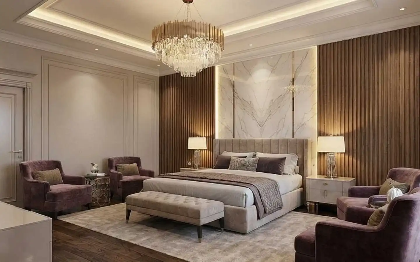 Elegant luxury master bedroom featuring a marble wall panel behind the bed, dark wood vertical slat walls, a gold crystal chandelier, and mauve velvet armchairs