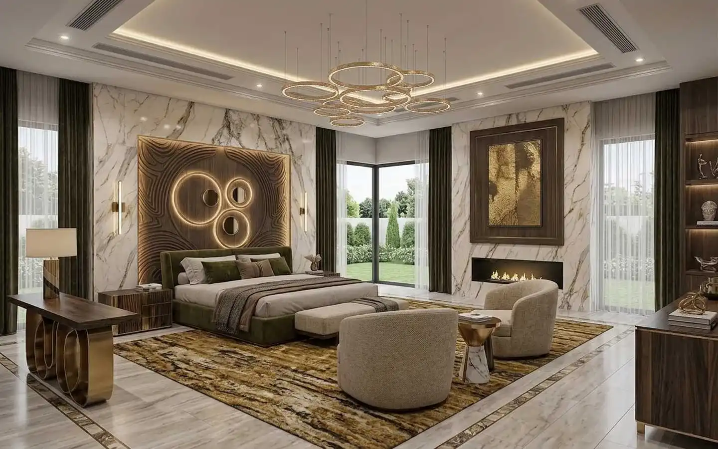 A luxury master bedroom featuring white marble walls, a custom wood headboard with circular lighting, a modern linear fireplace, and a gold ring chandelier
