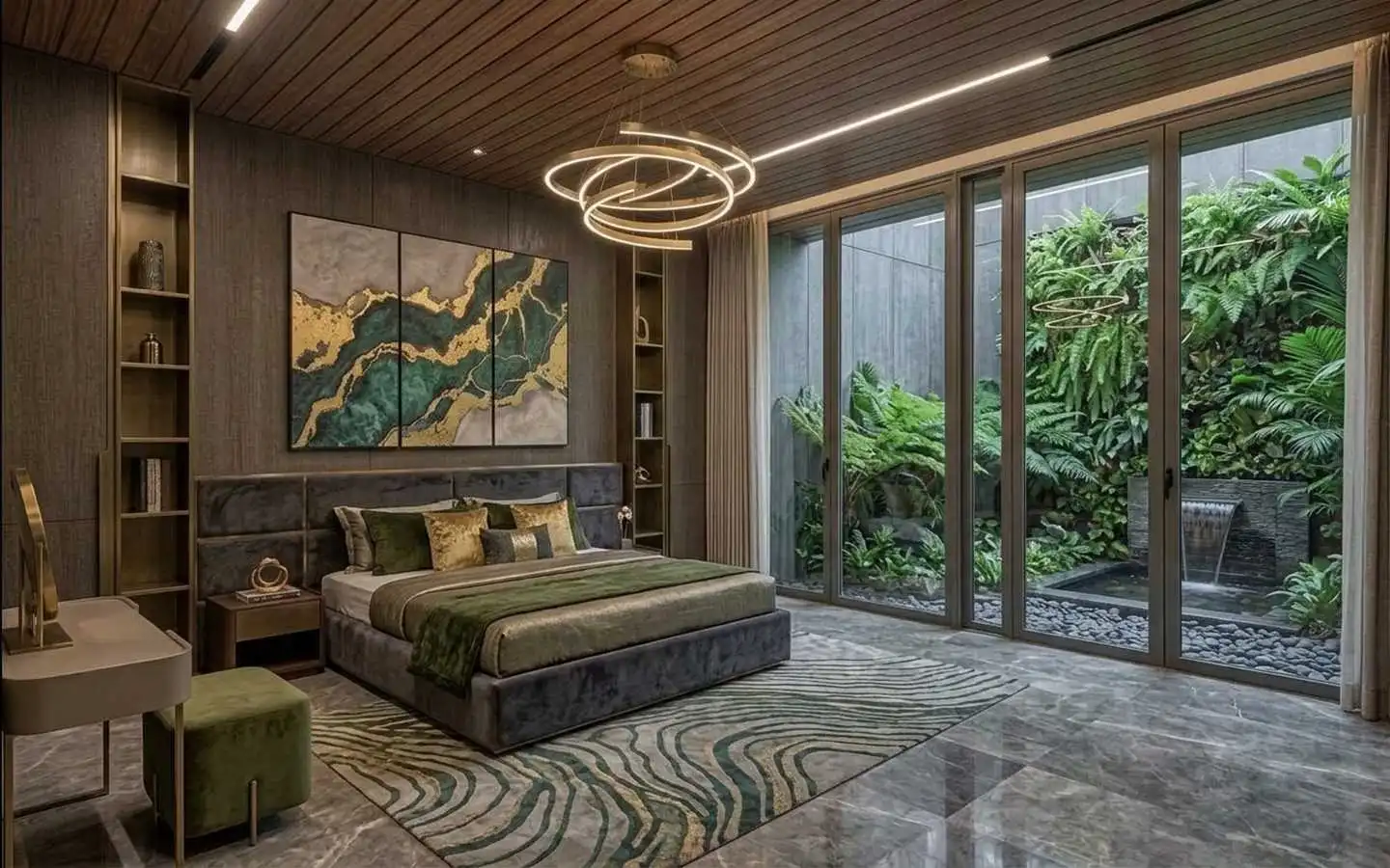 Modern luxury master bedroom featuring a dark wood slat ceiling, velvet upholstered bed, and floor-to-ceiling glass doors opening to a private vertical garden with a waterfall