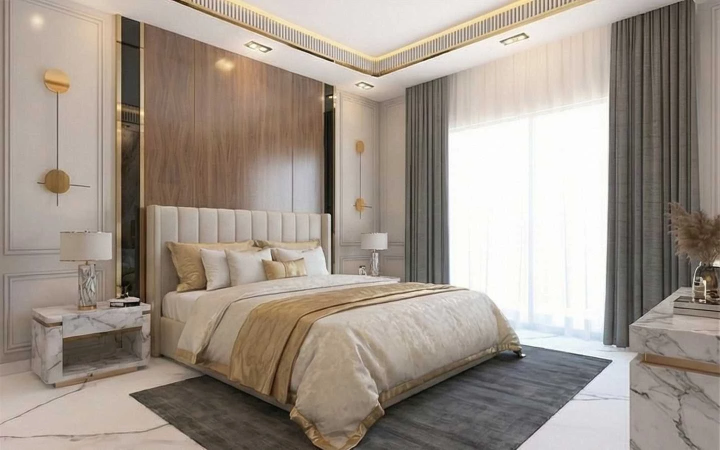 Luxury master bedroom featuring a vertical wood grain accent wall, marble nightstands, a beige tufted headboard, and elegant gold-trimmed tray ceiling lighting