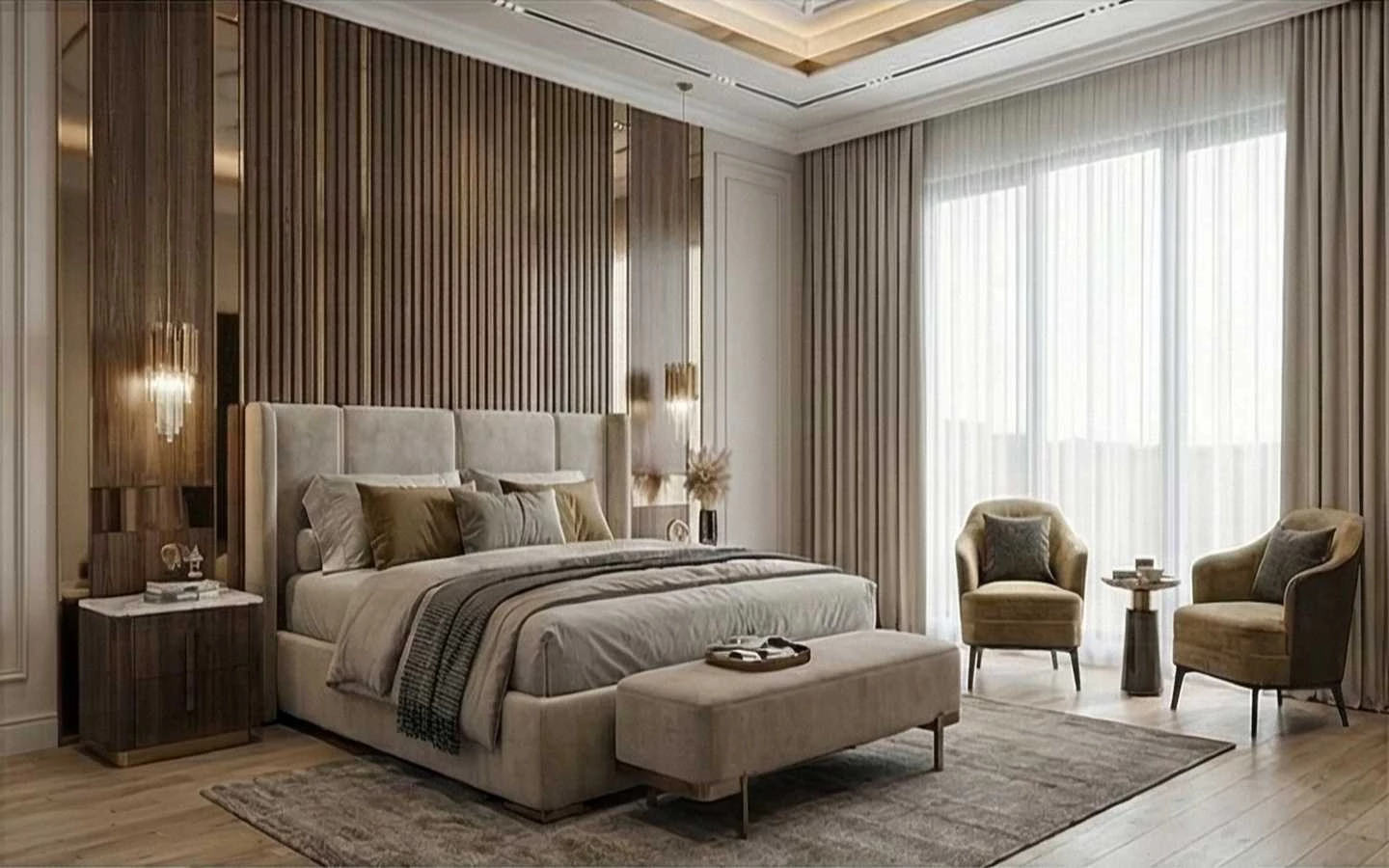 Modern luxury master bedroom featuring a vertical wood slat accent wall, upholstered tall headboard, beige bed bench, and cozy seating area with velvet armchairs