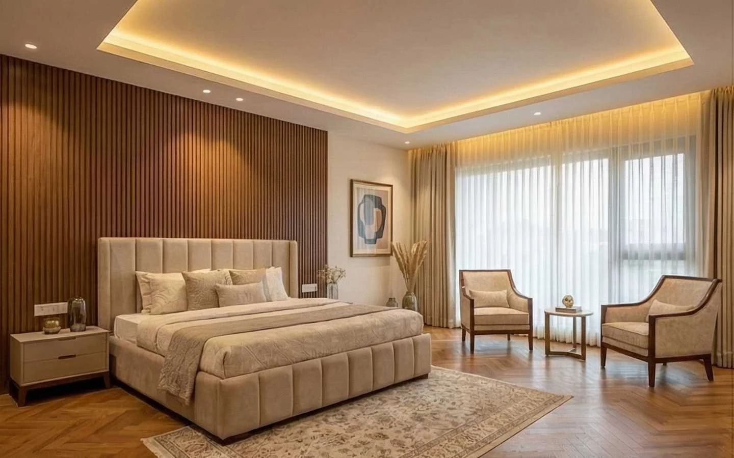 Luxury master bedroom interior design featuring a vertical wood slat accent wall, a plush tufted king-size bed, warm recessed tray ceiling lighting, and oak chevron wood flooring with a seating area by the window