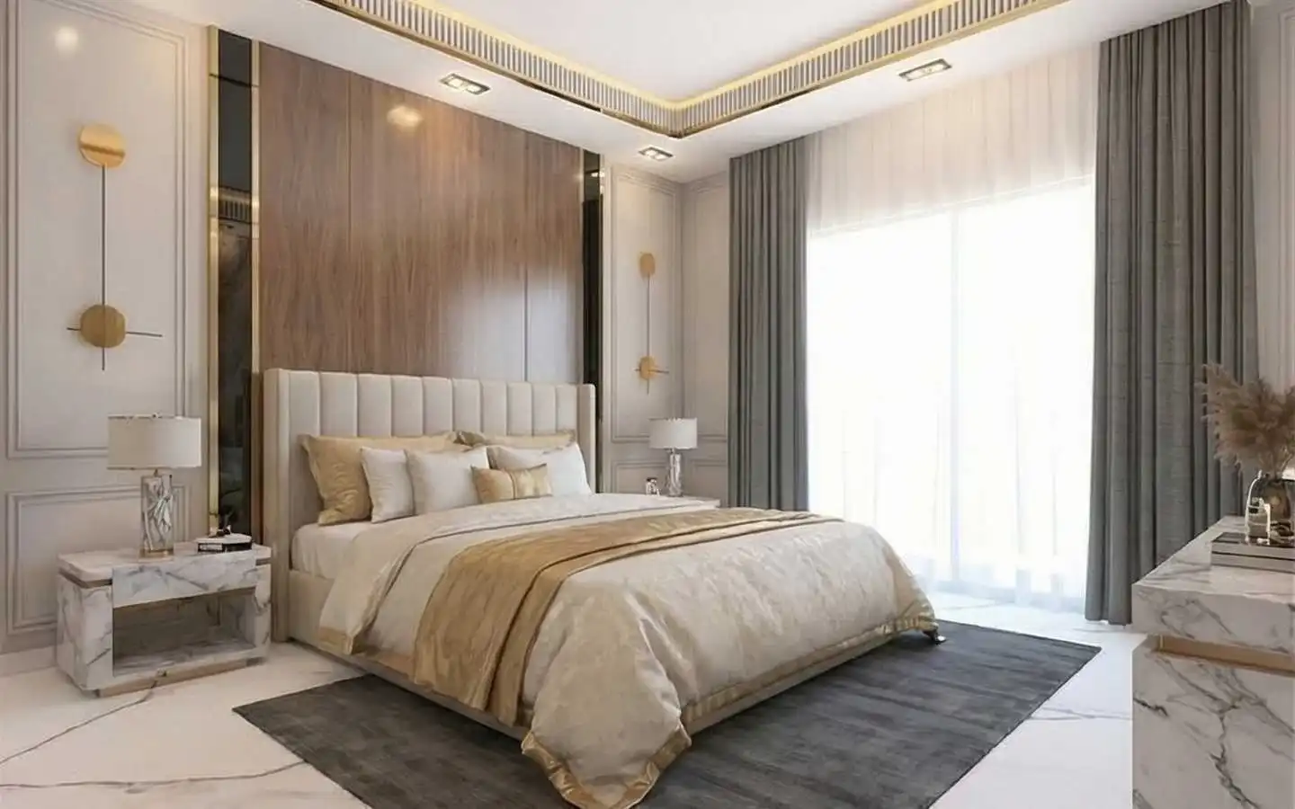 Luxury master bedroom interior design in Delhi featuring a fluted headboard, wooden wall paneling, marble side tables, and elegant gold ceiling accents