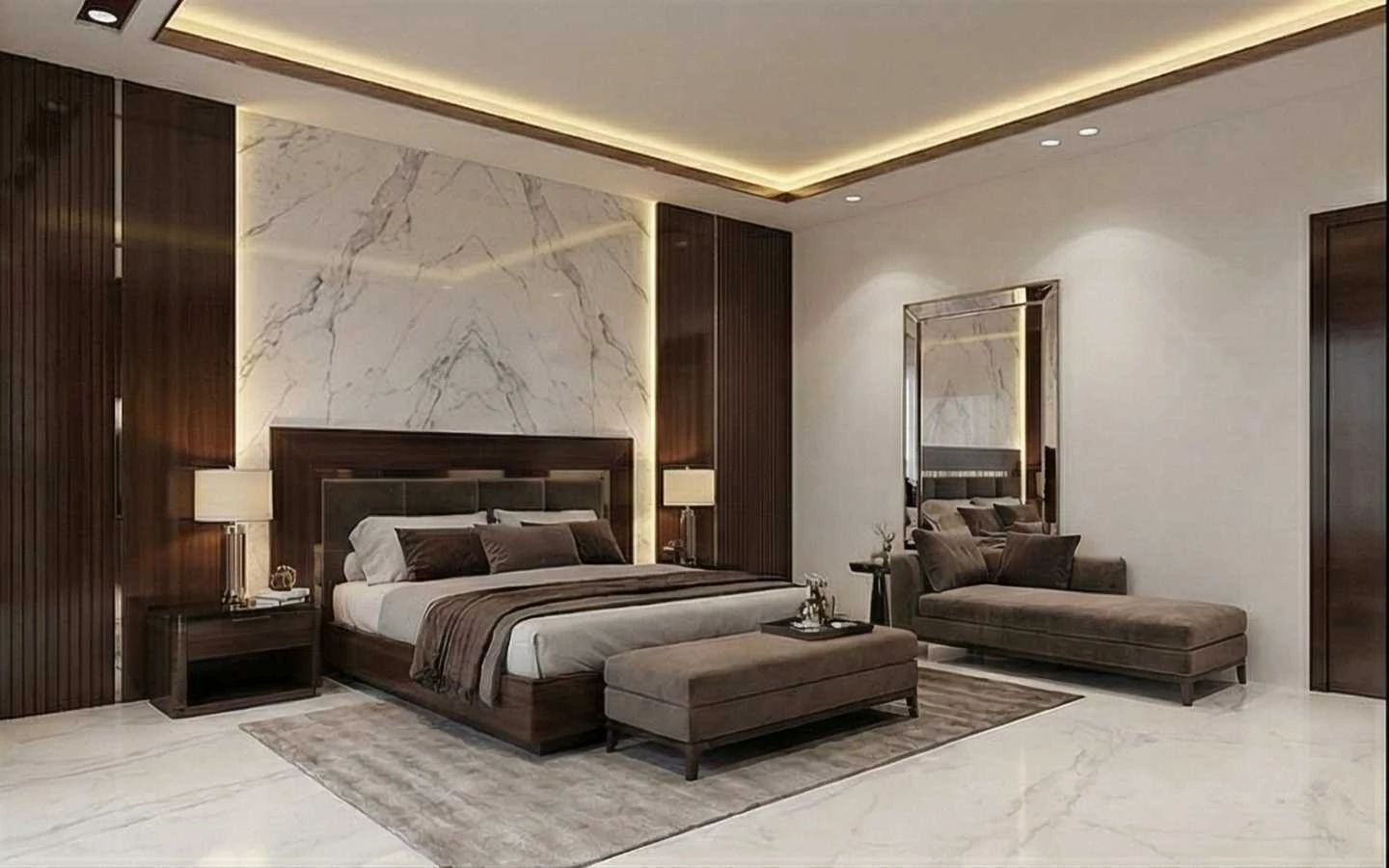Modern luxury master bedroom with a floor-to-ceiling white marble headboard panel, backlit wood wall paneling, a velvet chaise lounge, and marble tile flooring