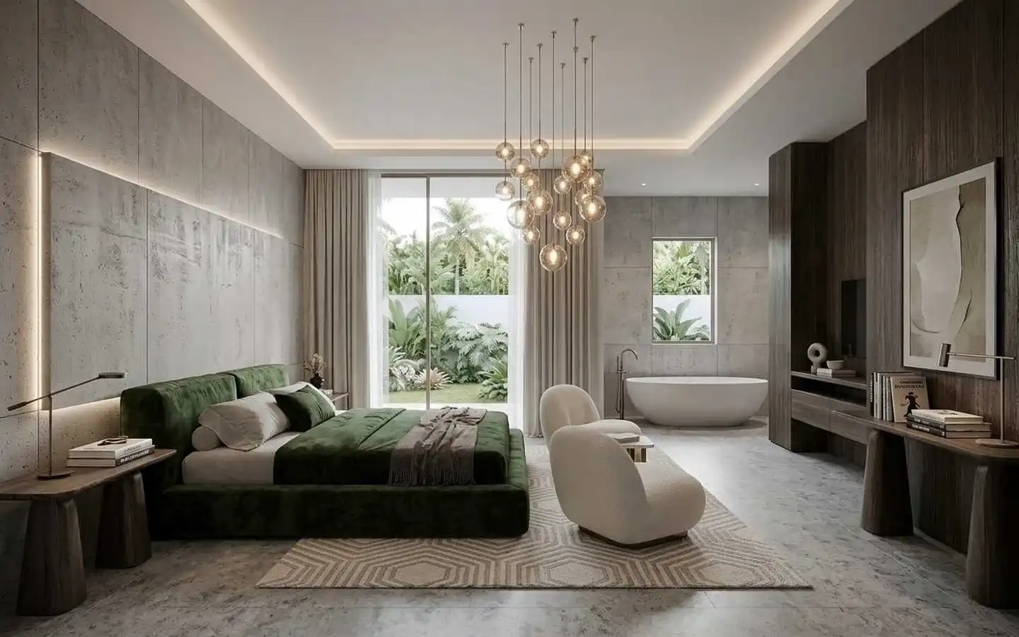 Modern master suite featuring a green velvet bed, textured concrete walls with cove lighting, and a freestanding soaking tub overlooking a tropical garden
