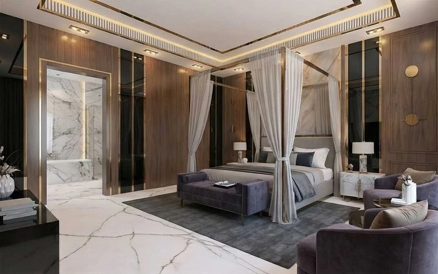 Ultra-luxury master bedroom featuring a gold-frame canopy bed with sheer curtains, wood-paneled walls with black accents, and a large open-concept marble ensuite bathroom