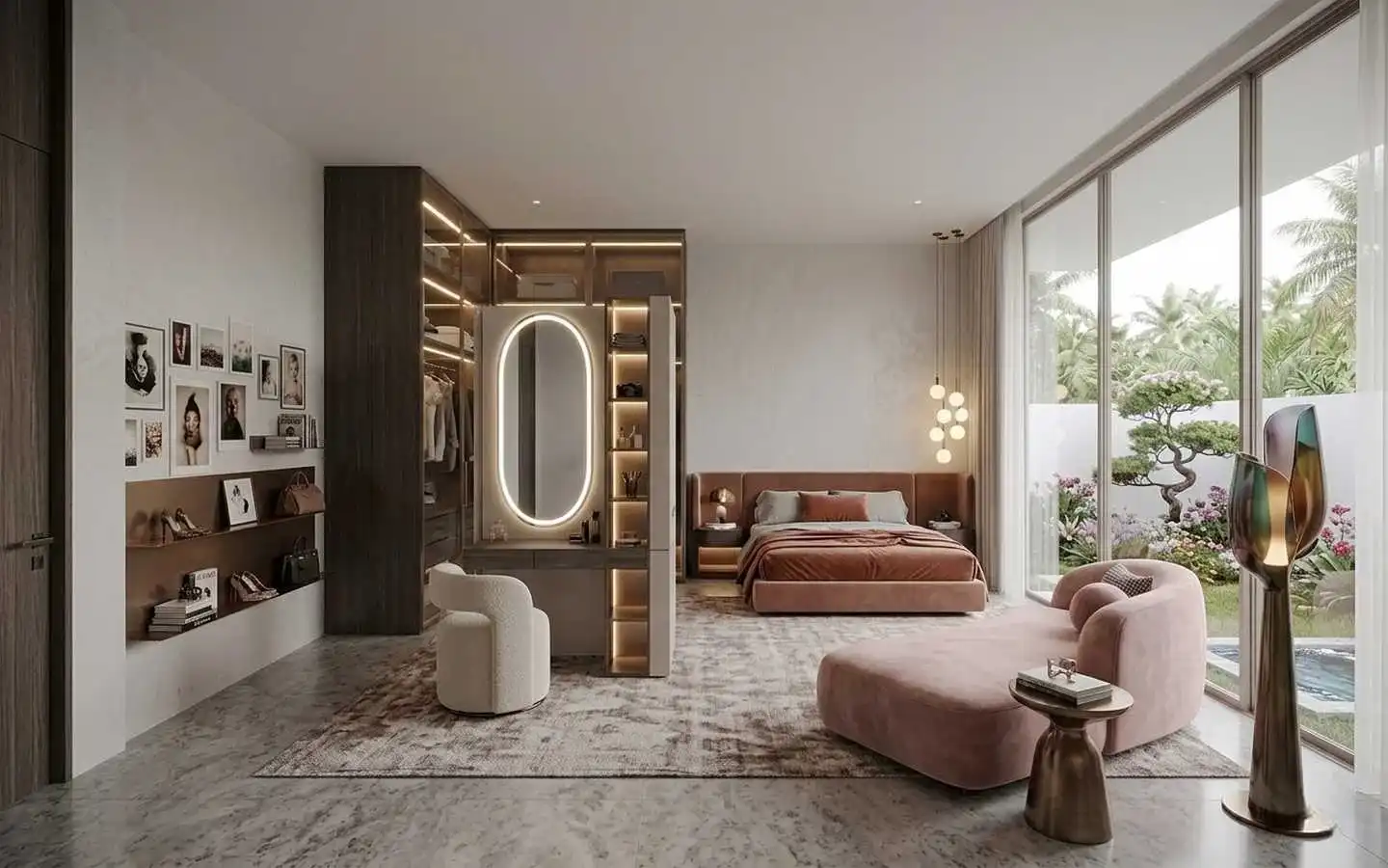 Luxury bedroom featuring an open-concept walk-in wardrobe with glass doors, a modern vanity with an oval LED-illuminated mirror, and a plush pink chaise lounge overlooking a Zen garden