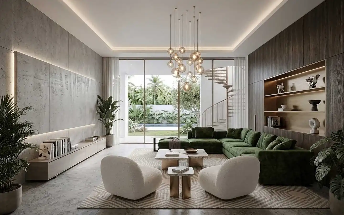 Luxury villa media room featuring a textured concrete accent wall with LED backlighting, a green velvet sectional sofa, and a designer bubble chandelier