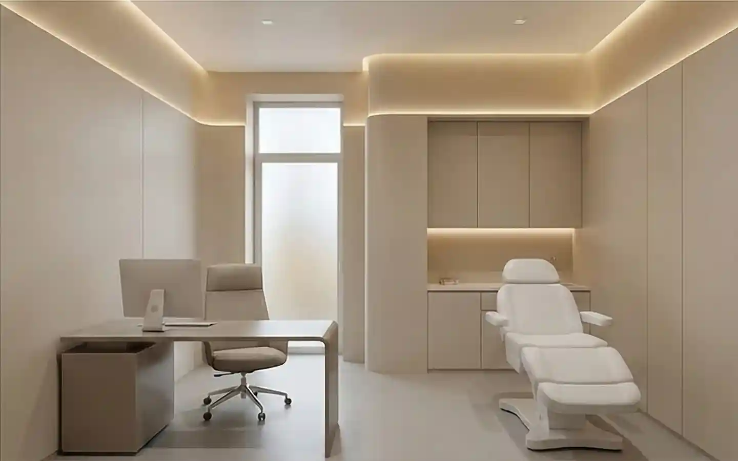 Minimalist luxury clinic consultation room featuring a modern doctor desk, white medical treatment chair, and warm recessed cove lighting in a beige contemporary interior