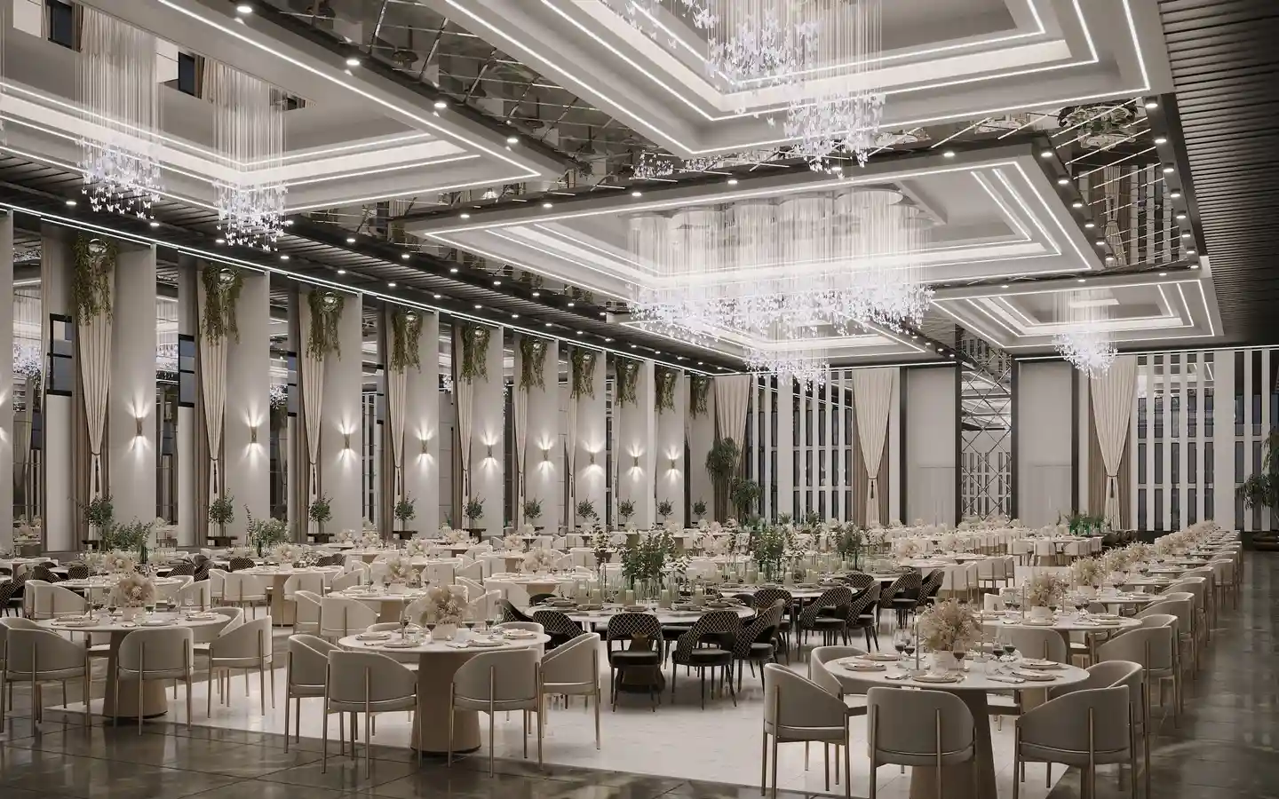 Modern luxury banquet hall interior design featuring tiered LED ceilings, crystal chandeliers, and elegant round table seating for weddings and corporate events