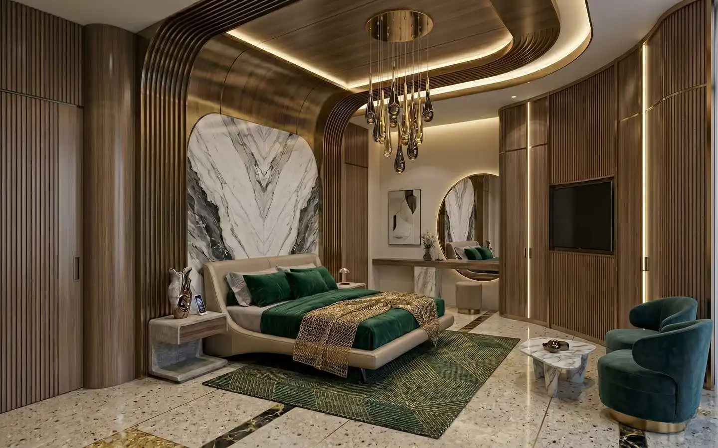 Premium bedroom interior designs featuring deep green velvet bedding, curved wooden wall paneling, marble accents, and a gold teardrop chandelier