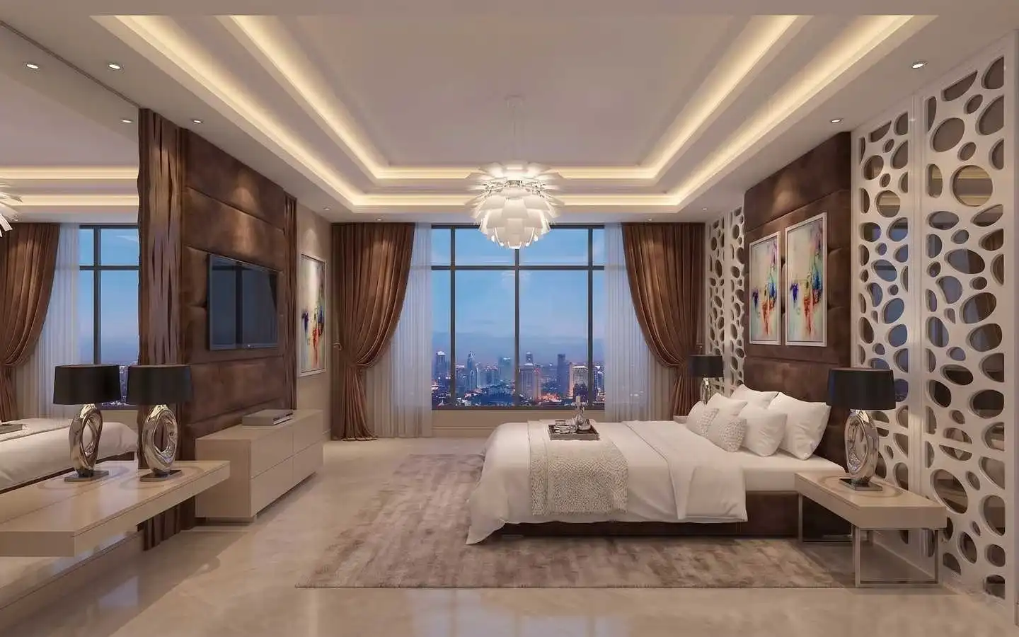 Luxury modern bedroom featuring a king-size bed, decorative white lattice panels, a unique floral pendant light, and a large window with a panoramic city skyline view