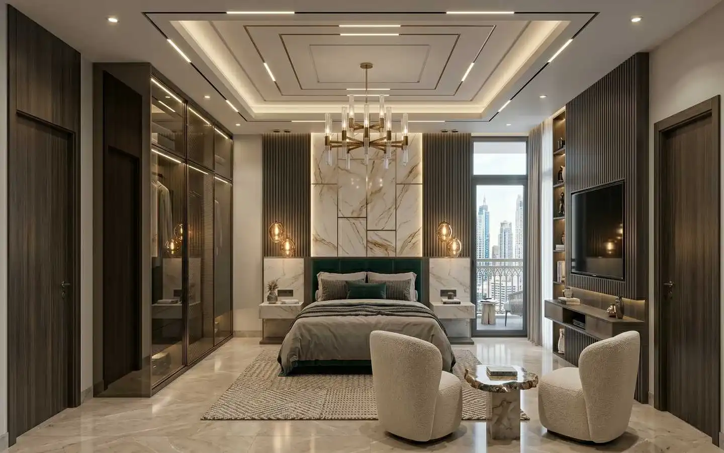 Luxury modern master bedroom interior design in Delhi NCR featuring marble wall paneling and ambient lighting