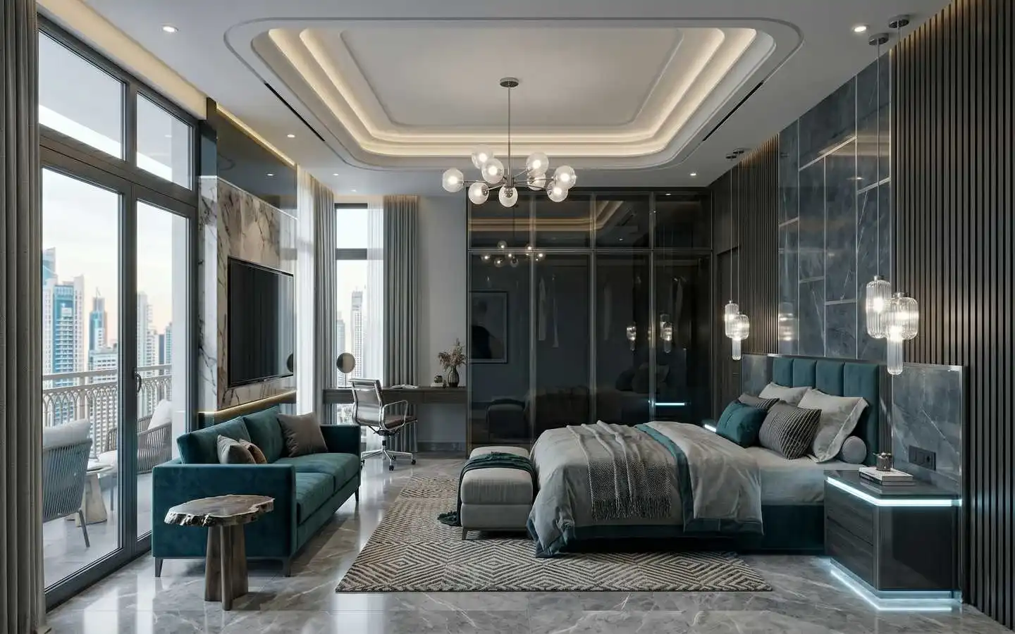 Modern luxury bedroom interior with teal velvet sofa, marble walls, and city view