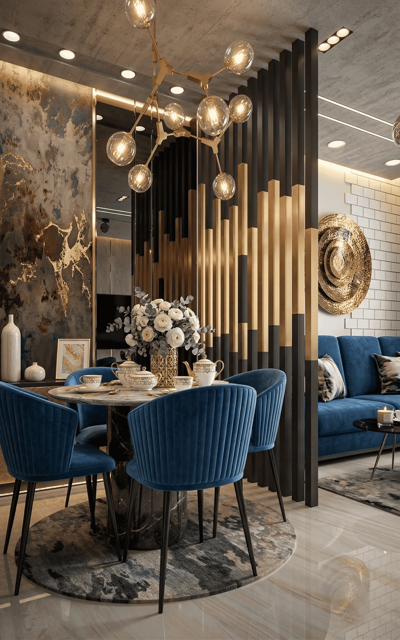 Elegant modern dining and living area with marble table, blue velvet chairs, gold accents, chandelier, and opulent interior design