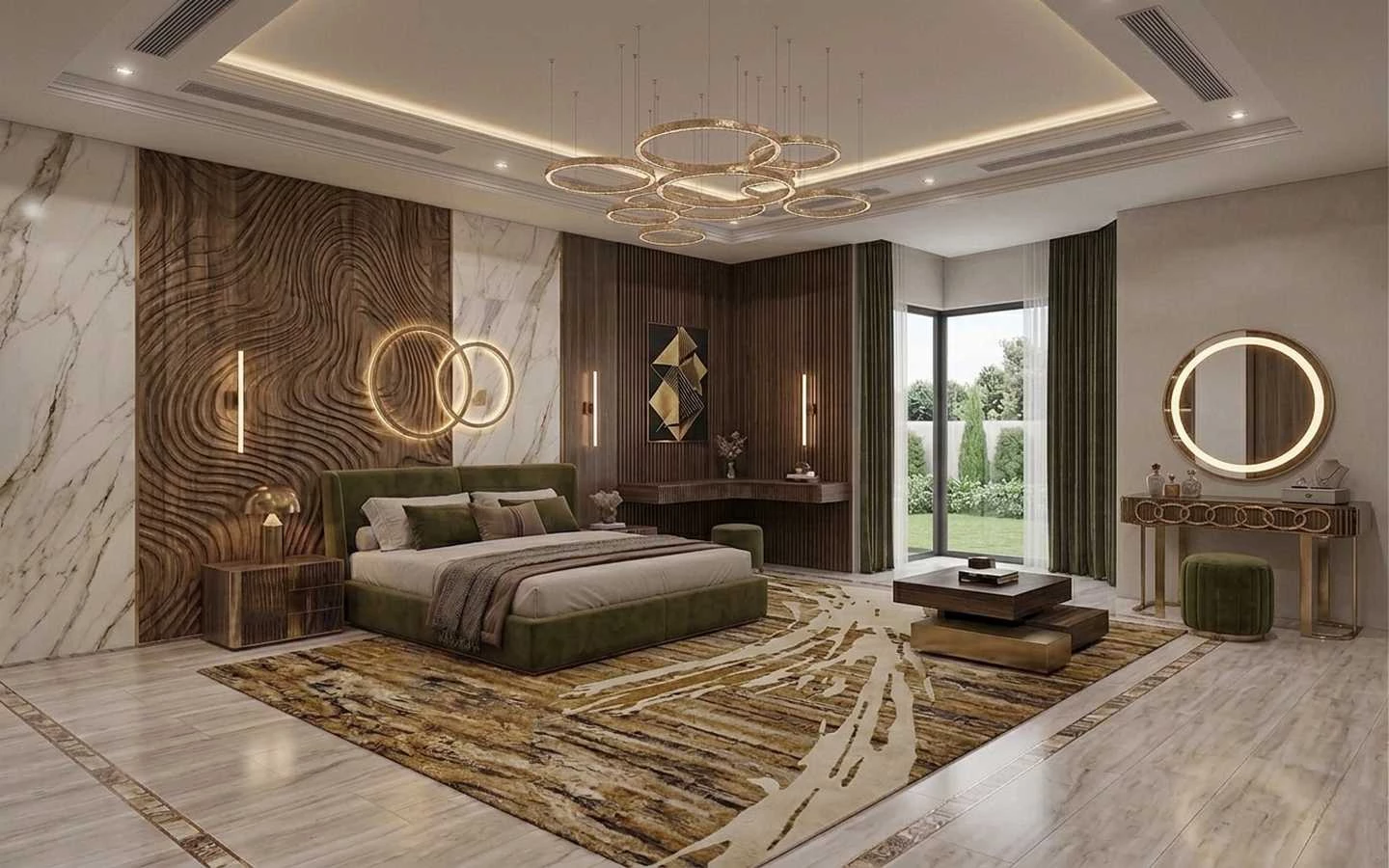Spacious luxury farmhouse master suite with integrated makeup vanity, circular LED mirror, and green velvet accents