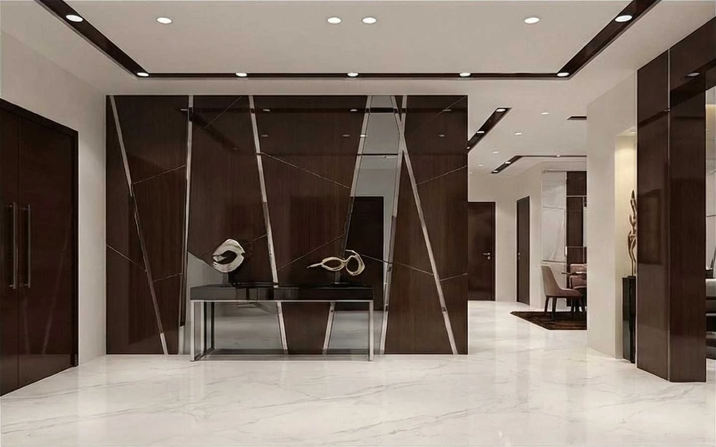 Luxury modern home entryway with glossy white marble floors, dark wood feature wall with abstract sculptures, recessed ceiling lights, and minimalist furniture