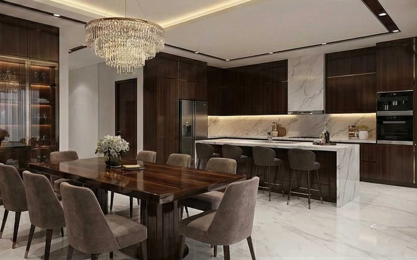 Luxury modern kitchen and dining area interior with marble countertops, dark wood cabinetry, large dining table with upholstered chairs, pendant chandelier, and bar stools at the kitchen island